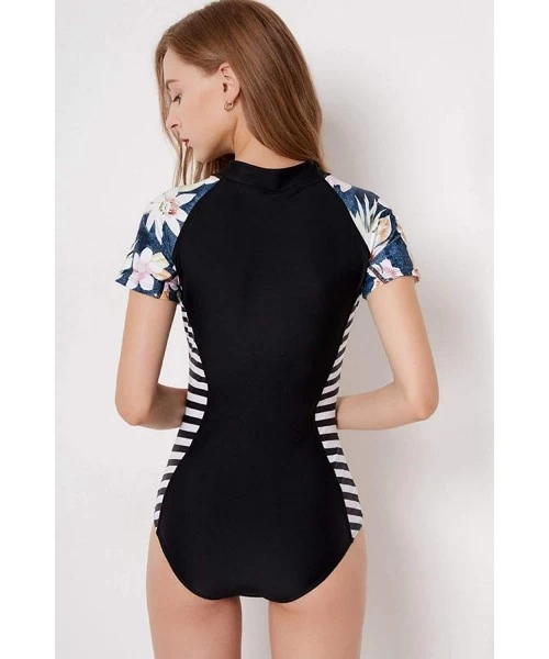 One-Pieces Women Zip Front Floral Print Half Sleeve One Piece Swimsuit Rash Guard Swimwear High Neck Monokini Surfing - Black...