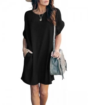 Cover-Ups Women's Waffle Knit Loose Tunic Dress Casual Short Sleeve Summer Dress Beach Cover Up with Pockets - Black - C619CD...