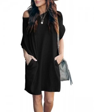 Cover-Ups Women's Waffle Knit Loose Tunic Dress Casual Short Sleeve Summer Dress Beach Cover Up with Pockets - Black - C619CD...