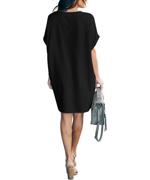 Cover-Ups Women's Waffle Knit Loose Tunic Dress Casual Short Sleeve Summer Dress Beach Cover Up with Pockets - Black - C619CD...