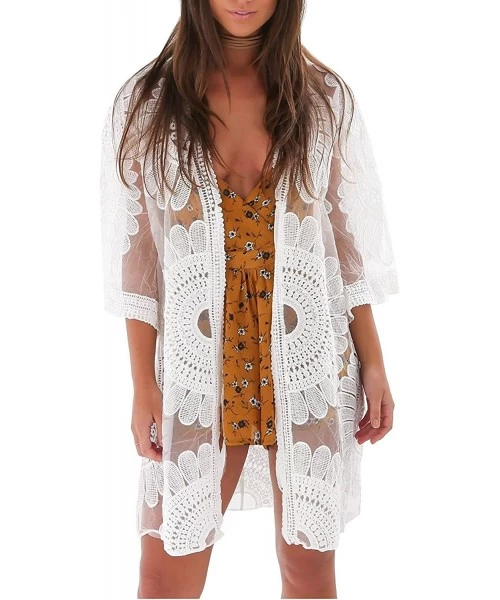 Cover-Ups Women's Floral Crochet Lace Beach Swimsuit Cover Ups Long Vintage Kimono Cardigan - White - CB183OZ9X9M