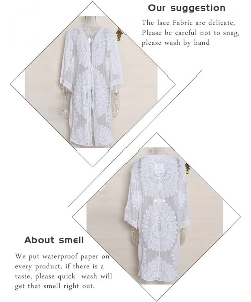 Cover-Ups Women's Floral Crochet Lace Beach Swimsuit Cover Ups Long Vintage Kimono Cardigan - White - CB183OZ9X9M