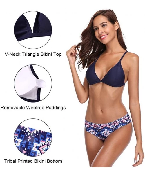 Sets Womens Halter Bikini Lace up Bikini High Waisted Two Piece Floral Swimwear - Navy-tribal - CZ194IROKLH