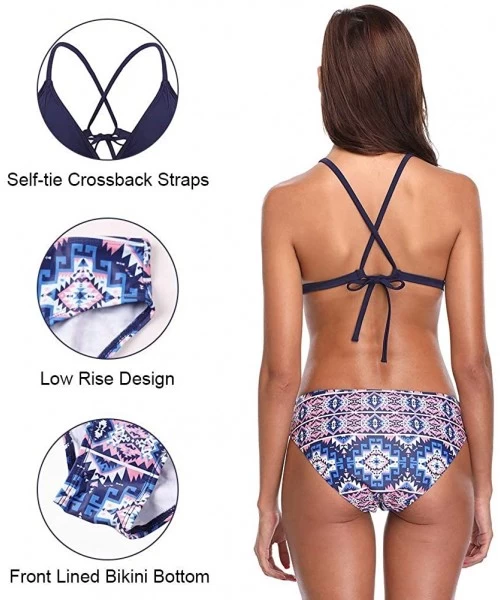 Sets Womens Halter Bikini Lace up Bikini High Waisted Two Piece Floral Swimwear - Navy-tribal - CZ194IROKLH