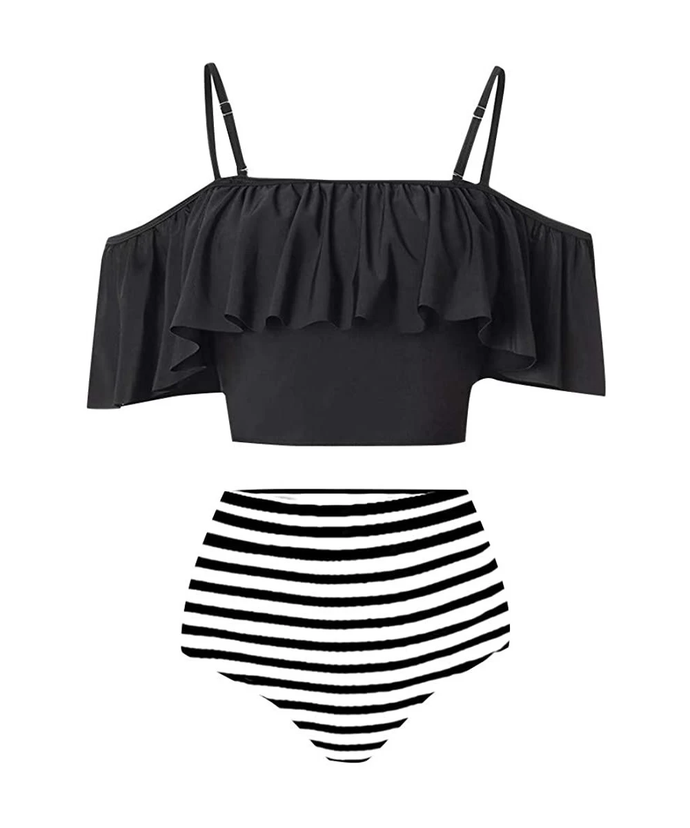 One-Pieces Women Two Pieces Print Bathing Swimwear Top Ruffled with High Waisted Bottom Bikini Set - Black - CE18Q9AWH63