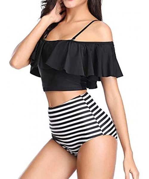 One-Pieces Women Two Pieces Print Bathing Swimwear Top Ruffled with High Waisted Bottom Bikini Set - Black - CE18Q9AWH63