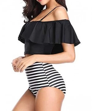 One-Pieces Women Two Pieces Print Bathing Swimwear Top Ruffled with High Waisted Bottom Bikini Set - Black - CE18Q9AWH63