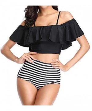 One-Pieces Women Two Pieces Print Bathing Swimwear Top Ruffled with High Waisted Bottom Bikini Set - Black - CE18Q9AWH63