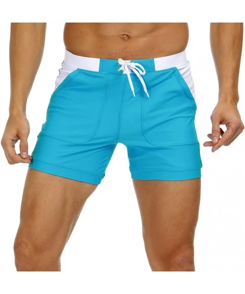 Briefs Mens Beach Swimming Trunks Board Shorts Boxer Briefs Swim Underwear with Pocket - Sky Blue - CP199LEZYST