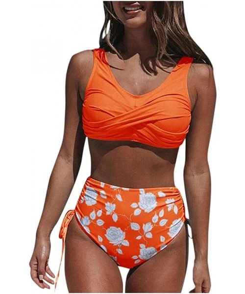 Bottoms Swimsuits for Women Plus Size Two Piece Bikini Set High Waisted Tie Side Bottom Swimsuits - Orange - CI197HHQXCZ