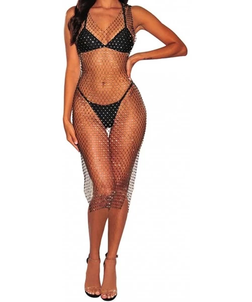 Cover-Ups Women Sexy See Through Mesh Beach Bikni Swimsuit Sleeveless Cover up Rhinestone Midi Dress - Black - CI18KMGU4HA