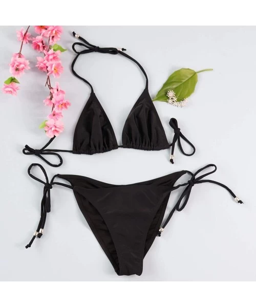 Sets Women's Triangle Bikini Set- Padded Top String Bathing Suit- Tie Side Brazilian Swimwear Bottom - Atramentous - CA1867SNZCK