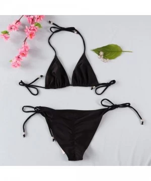 Sets Women's Triangle Bikini Set- Padded Top String Bathing Suit- Tie Side Brazilian Swimwear Bottom - Atramentous - CA1867SNZCK