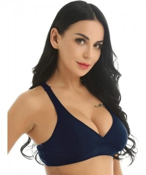 Tankinis Women Active Swimwear Tops Adjustabe Straps Back Criss-Cross Padded Bikini Top - Navy_blue - CI18U82D9XA