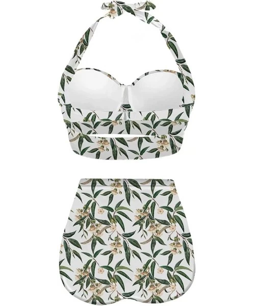 Tankinis Women's Halter Summer Bright Floral Print Funny Swimsuits High Waisted Bikini Set - White+green-2 - CF196D3CUWU