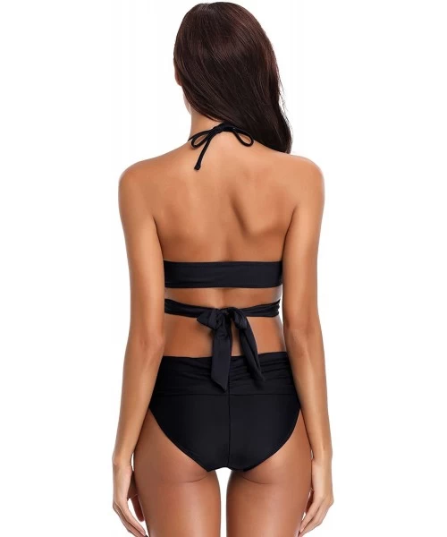 Sets Women's Push-up Halter Bandage Bikini Swimsuits Ruched Swim Bottoms - Manhattan Black - C218DAD83AO