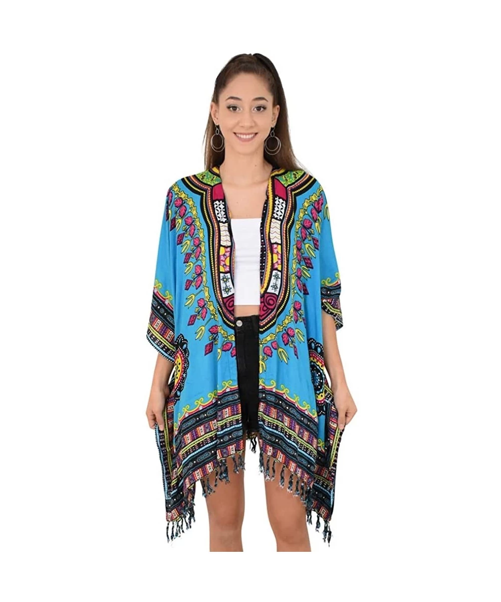 Cover-Ups Womens Kimono African Dashiki Print Lightweight Beach Cardigan Cover Up - Blue Tassels - C218R0QT6U3