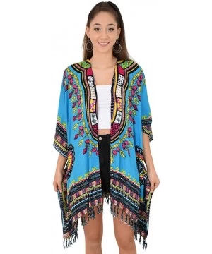 Cover-Ups Womens Kimono African Dashiki Print Lightweight Beach Cardigan Cover Up - Blue Tassels - C218R0QT6U3