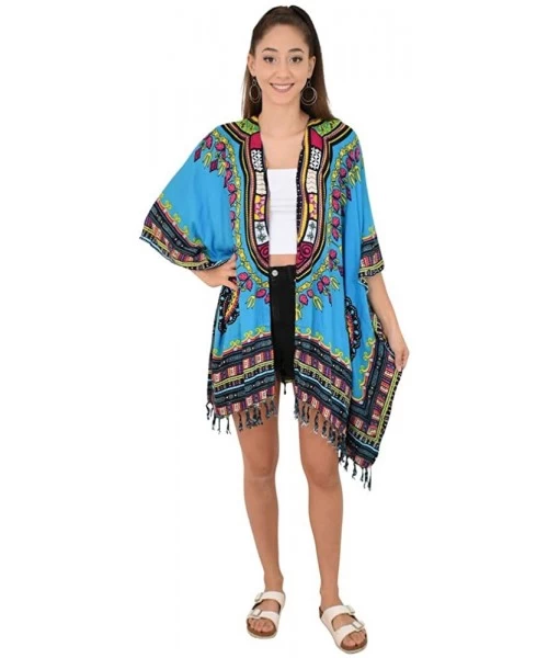 Cover-Ups Womens Kimono African Dashiki Print Lightweight Beach Cardigan Cover Up - Blue Tassels - C218R0QT6U3