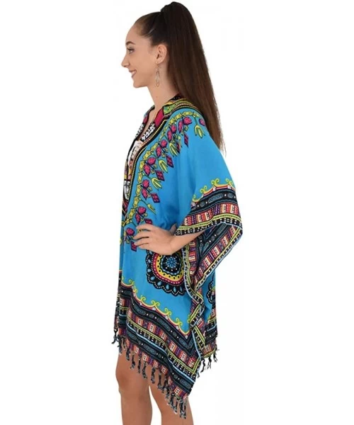 Cover-Ups Womens Kimono African Dashiki Print Lightweight Beach Cardigan Cover Up - Blue Tassels - C218R0QT6U3