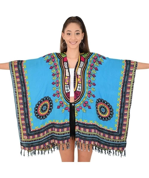 Cover-Ups Womens Kimono African Dashiki Print Lightweight Beach Cardigan Cover Up - Blue Tassels - C218R0QT6U3