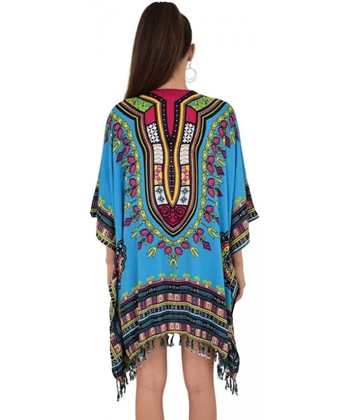 Cover-Ups Womens Kimono African Dashiki Print Lightweight Beach Cardigan Cover Up - Blue Tassels - C218R0QT6U3