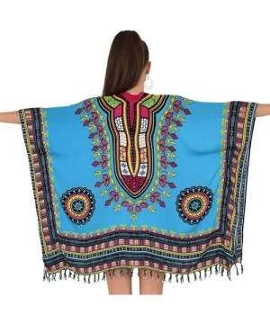 Cover-Ups Womens Kimono African Dashiki Print Lightweight Beach Cardigan Cover Up - Blue Tassels - C218R0QT6U3