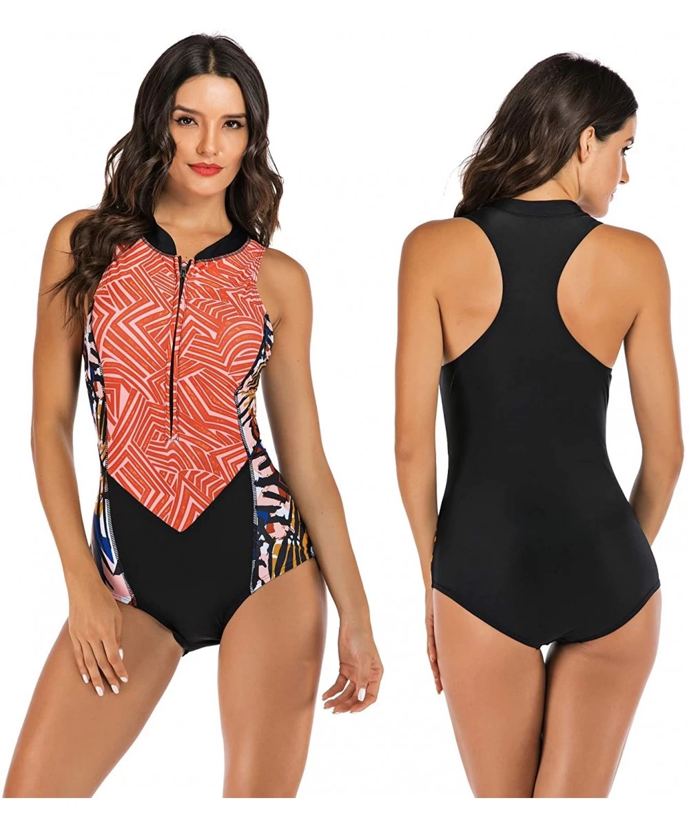 One-Pieces Women's Zip up Printed One Piece Swimsuit Half Sleeve Rash Guard Swimwear UV Protection Surfing Bathing Suits Oran...