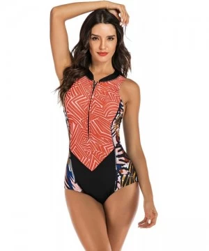 One-Pieces Women's Zip up Printed One Piece Swimsuit Half Sleeve Rash Guard Swimwear UV Protection Surfing Bathing Suits Oran...