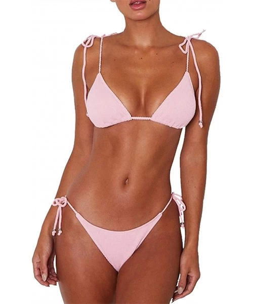 Sets Women's Ribbed Tie Bikini Brazilian Cheeky Bottom String Swimsuit Bathing Suit - Pink - CI18Q3S8GOT