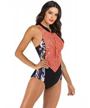 One-Pieces Women's Zip up Printed One Piece Swimsuit Half Sleeve Rash Guard Swimwear UV Protection Surfing Bathing Suits Oran...