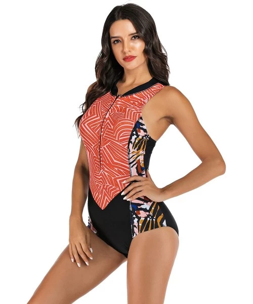 One-Pieces Women's Zip up Printed One Piece Swimsuit Half Sleeve Rash Guard Swimwear UV Protection Surfing Bathing Suits Oran...