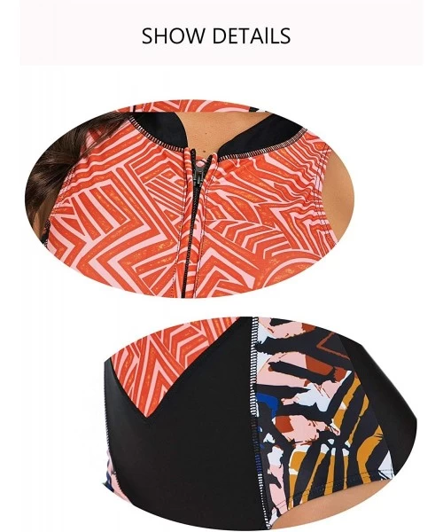 One-Pieces Women's Zip up Printed One Piece Swimsuit Half Sleeve Rash Guard Swimwear UV Protection Surfing Bathing Suits Oran...