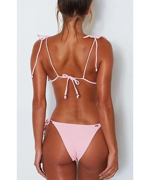 Sets Women's Ribbed Tie Bikini Brazilian Cheeky Bottom String Swimsuit Bathing Suit - Pink - CI18Q3S8GOT