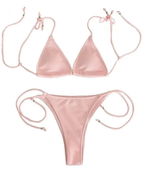 Sets Women's Ribbed Tie Bikini Brazilian Cheeky Bottom String Swimsuit Bathing Suit - Pink - CI18Q3S8GOT