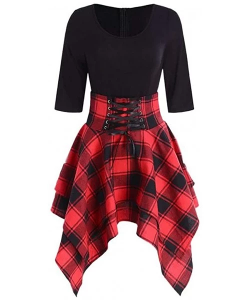 Tankinis Fashion Women Casual O-Neck Waist Bandage Lace Up Tartan Plaid Print Asymmetric Mini Dress - Red - CA18R2K9O83