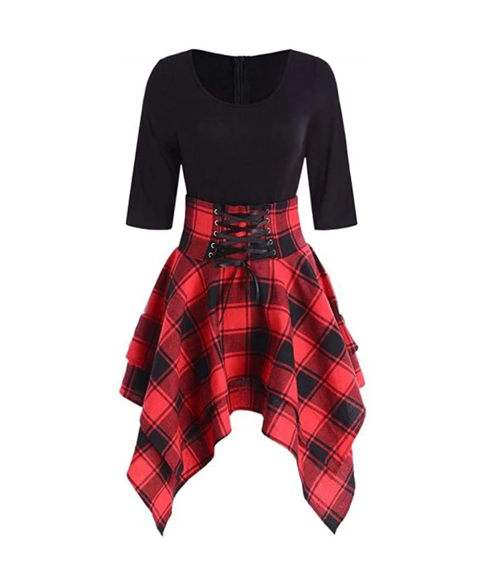 Tankinis Fashion Women Casual O-Neck Waist Bandage Lace Up Tartan Plaid Print Asymmetric Mini Dress - Red - CA18R2K9O83