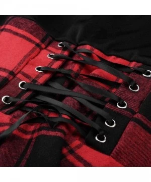 Tankinis Fashion Women Casual O-Neck Waist Bandage Lace Up Tartan Plaid Print Asymmetric Mini Dress - Red - CA18R2K9O83