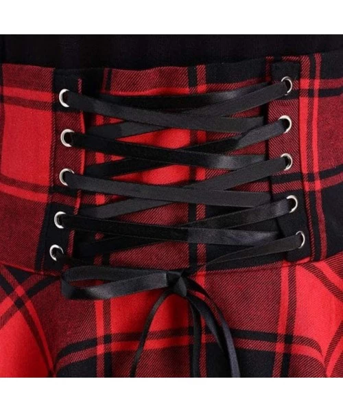 Tankinis Fashion Women Casual O-Neck Waist Bandage Lace Up Tartan Plaid Print Asymmetric Mini Dress - Red - CA18R2K9O83