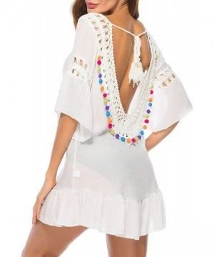 Cover-Ups Bikini Cover ups for Women Crochet Hollow Out V Neck Ruffle Pom Pom Tassel Backless Swimsuit Coverups - White - CP1...