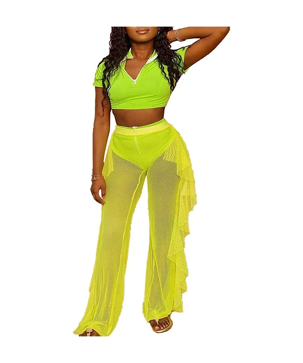 Cover-Ups Womens 3 Piece Outfits Sexy Mesh See Through Hoodies Crop Top & Ruffle Wide Leg Pants Set Swimsuit Cover Ups Beach ...