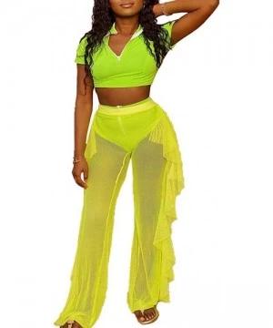 Cover-Ups Womens 3 Piece Outfits Sexy Mesh See Through Hoodies Crop Top & Ruffle Wide Leg Pants Set Swimsuit Cover Ups Beach ...