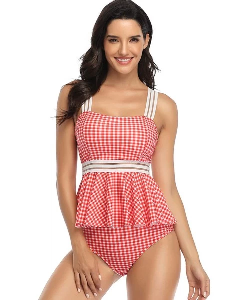 Sets Women's 2 Pieces Tankini Set Peplum Swimsuit Swimwear - Plaid Red - CZ199LOHXWH