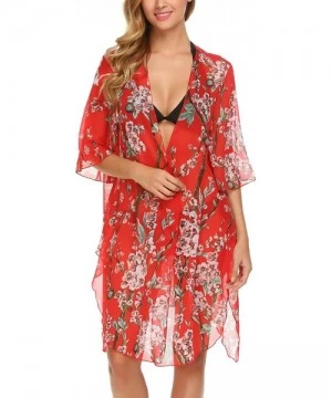 Cover-Ups Women's Floral Print Sheer Chiffon Kimono Cardigan Capes Beach Cover up - Red - CK185EU5TAI