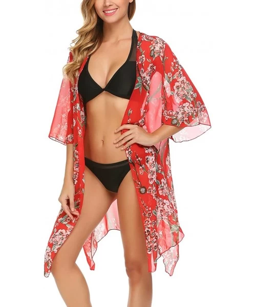 Cover-Ups Women's Floral Print Sheer Chiffon Kimono Cardigan Capes Beach Cover up - Red - CK185EU5TAI