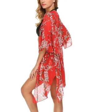 Cover-Ups Women's Floral Print Sheer Chiffon Kimono Cardigan Capes Beach Cover up - Red - CK185EU5TAI