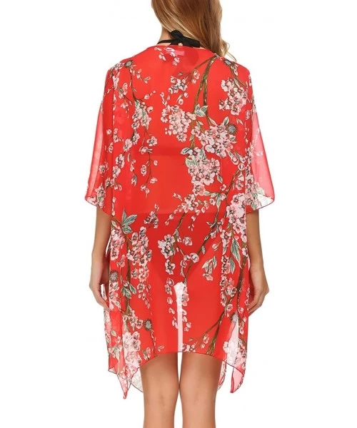 Cover-Ups Women's Floral Print Sheer Chiffon Kimono Cardigan Capes Beach Cover up - Red - CK185EU5TAI