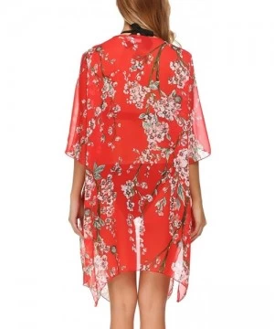 Cover-Ups Women's Floral Print Sheer Chiffon Kimono Cardigan Capes Beach Cover up - Red - CK185EU5TAI