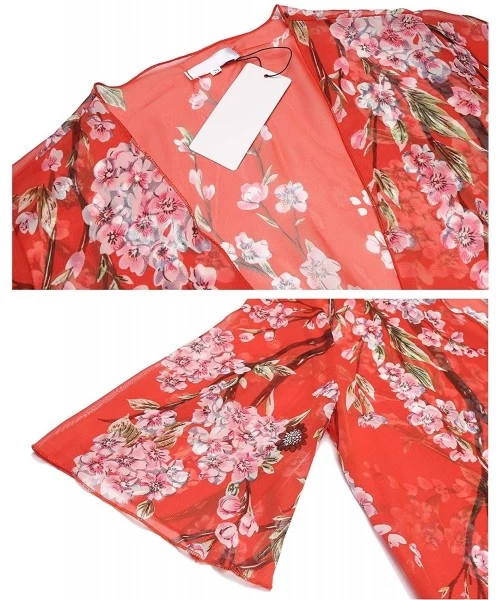 Cover-Ups Women's Floral Print Sheer Chiffon Kimono Cardigan Capes Beach Cover up - Red - CK185EU5TAI