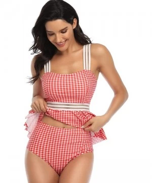 Sets Women's 2 Pieces Tankini Set Peplum Swimsuit Swimwear - Plaid Red - CZ199LOHXWH